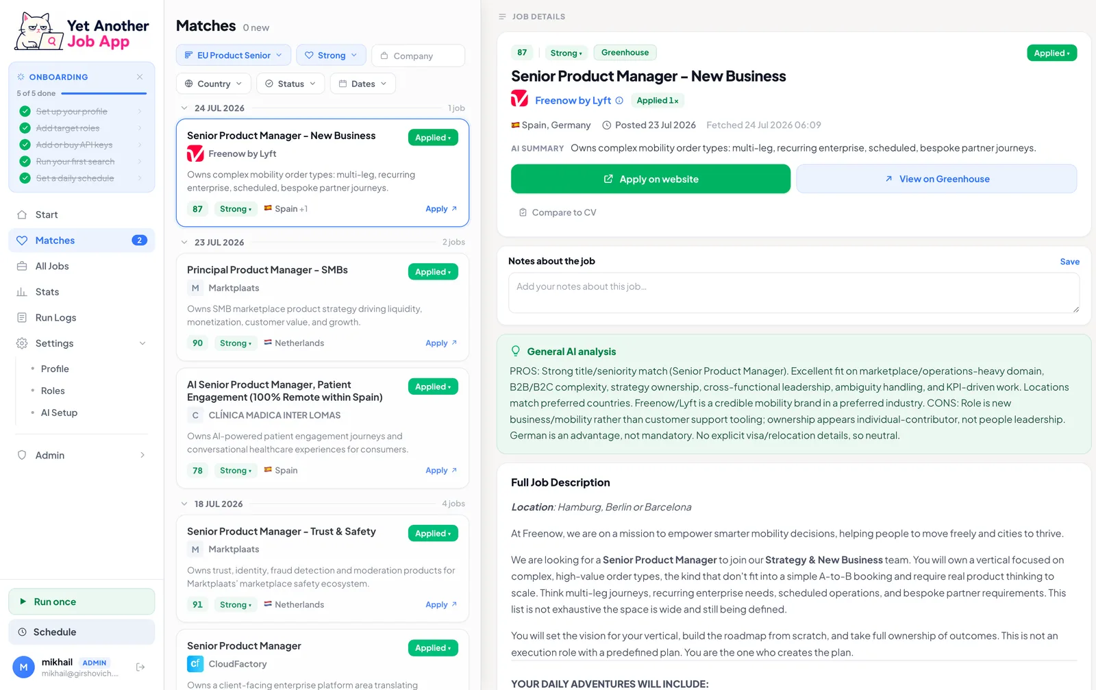 The Matches screen: a scored list of jobs on the left, the selected job's details, AI analysis and full description on the right.