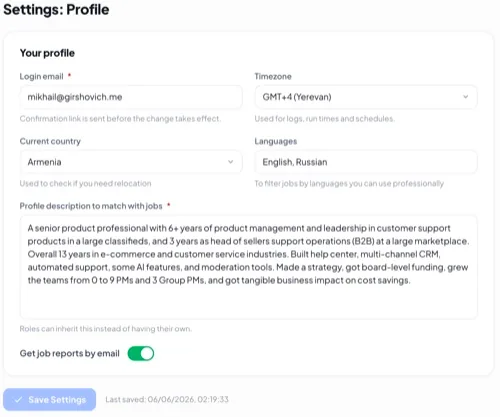 Settings: Profile — login email, timezone, country, languages and a profile description.